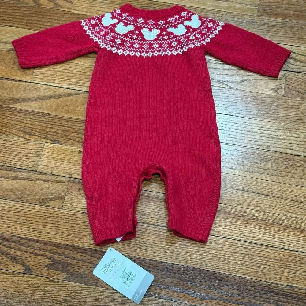 Disney Baby Red Mickey Mouse Knit Onesie Boys 0-3 months Holiday Christmas